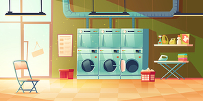 Laundry room interior with row of washer and dryer, iron, ironing board and basket with clothes. Vector cartoon illustration of dry cleaning service with washing machines and detergents on shelves