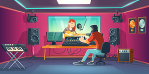 Singer in recording studio. Singing woman in artist booth with equipment and window, sound engineer in control room with tools for capturing, mixing and mastering music. Cartoon vector illustration