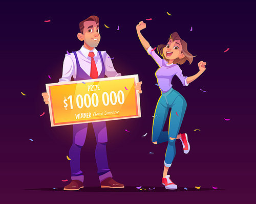 Lucky girl win lottery jackpot. Happy winner and man holding bank check for million dollars. Vector cartoon illustration of gambling game with huge money prize in casino