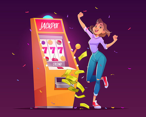 Slot machine jackpot casino win. Lucky woman celebrate winning prize jumping at money falling with all sevens spin combination on one-armed bandit, happy winner character. Cartoon vector illustration