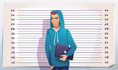 Cyber crime, hacker mugshot. IT criminal teenager with laptop stand on measuring height scale background in police station. Man in hoody posing for identification mug shot Cartoon vector illustration
