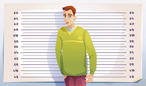 Criminal mugshot in police or prison. Photo of arrested man on scale of height background. Vector cartoon illustration of mug shot of gangster, drug dealer or thief