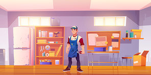 Repairman in garage with equipment for carpentry and repair works. Vector cartoon mechanic or builder in workshop or storeroom with construction tools, table and shelves with instruments