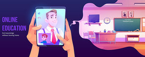 Online education banner. Distance study at home. Vector illustration of digital training, webinar with student and teacher and virtual classroom. Concept of getting knowledge without leaving home