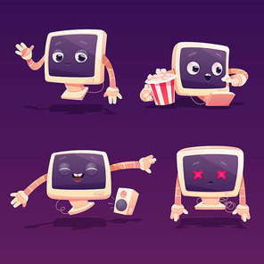 Cute computer character in different poses. Vector set of cartoon chat bot, funny computer monitor greeting, eating, dancing and disconnected. Set of mascot for technical support website