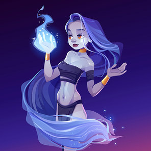 Magic woman, nymph looking on wizard fire on hand. Beautiful witch wear loincloth, top and gold jewelry, wrapped into long hair admire of magical sparkling blaze at night, Cartoon vector illustration