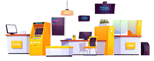 Bank interior stuff with ATM, automated teller machine, reception and customer service desk, cashbox, electronics queue scoreboard, visitor seats and litter bin isolatetd cartoon vector illustration