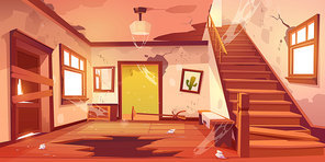Old abandoned house with mess and broken furniture at daytime. Vector cartoon interior of empty home hallway with dirty walls, boarded up door, garbage, broken wooden staircase and crack in floor