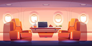 Luxury interior of private jet with armchairs, table with laptop, food and drink. Vector cartoon illustration of business class plane cabin for rich passengers with comfortable seats
