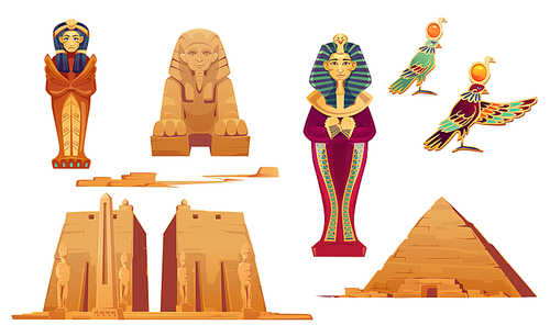 Egypt landmarks and deities set. Ancient egyptian pyramid, sphinx, pharaoh sarcophagus, world famous Obelisk in Temple of Karnak, god Ra. Tourist attraction architecture, Cartoon vector illustration
