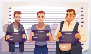 Criminals with mugshot plates in hands stand on measuring height scale background in police station. Arrested men gangsters posing for identification mug shot front photo. Cartoon vector illustration
