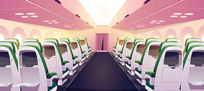 Empty airplane interior with chairs, digital screens and folding tables in seat back. Vector cartoon cabin of passenger aircraft, business class or economy salon in jet