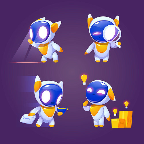 Cute robot character in different poses. Vector set of cartoon chat bot, funny electronic cyborg looks through magnifying glass, delivers mail, thinks about idea. Creative emoji set, smart mascot