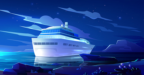 Cruise liner in ocean at night. Modern ship, luxury sailboat with glowing portholes moored in sea harbor at tropical land. Passenger vessel on dark water surface at summer, Cartoon vector illustration