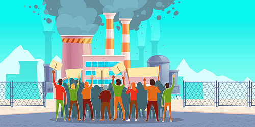 Protest strike against air pollution and climate change. Crowd of people with placards stand at factory with steaming pipes emitting co2. Ecology activists manifestation Cartoon vector illustration