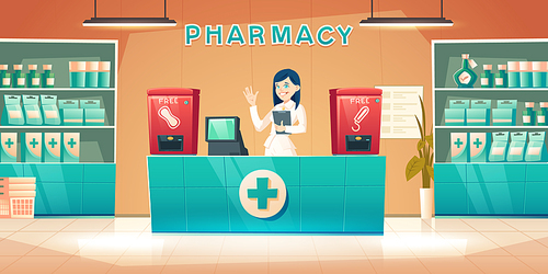 Pharmacy with pharmacist woman at counter desk, cartoon drugstore interior with cashier, medical products on shelves and vending machine for free female sanitary pads and tampons, vector illustration
