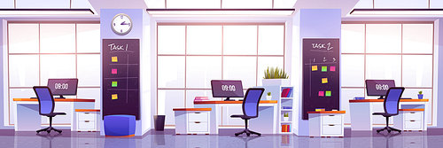 Modern office interior. Business workplace, open space room for coworking. Vector cartoon illustration of empty cabinet with office furniture, computers and task notes on blackboard