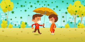 Compassion during coronavirus pandemic. Little boy cover girl in medical mask with umbrella protect from covid19 cells rain falling down from sky. Children walking in park cartoon vector illustration