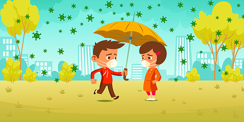 Compassion during coronavirus pandemic. Little boy cover girl in medical mask with umbrella protect from covid19 cells rain falling down from sky. Children walking in park cartoon vector illustration