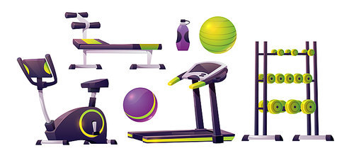 Gym equipment for workout, fitness and sport. Vector cartoon set for strength training, running track, exercise bike, bench, fitness balls, dumbbells and bottle for water or sport nutrition