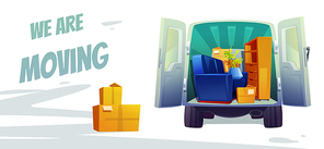Furniture delivery, moving house service poster. Home stuff in car with open trunk and cardboard boxes inside. Small transport company or door-to-door removals business, Cartoon vector illustration