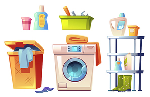 Laundry equipment, bathroom stuff washing machine, basket for dirty linen, shelf for detergents, toolbox with diy instruments, rubber boots isolated on white background. Cartoon vector illustration