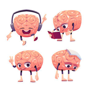 Brain characters, cute cartoon mascot with funny face listening music in headset, reading book, greeting, suffer of headache. Sad, happy, smiling emotions. Vector illustration, isolated icons set