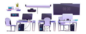 Furniture in school computer classroom or open space office. Vector cartoon set of college class or cabinet interior with monitor on desk, bookshelf, projector and screen isolated on white 