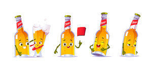 Cute beer bottle character in different poses. Vector set of cartoon funny mascot, lager pint personage laughs, sad, talk with speech bubble and hugs with glass of beer