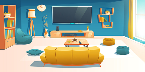 Living room interior with sofa, tv, bookshelf and coffee table. Apartment with couch front of television set on wall, empty home design with bean bag chair and decoration, Cartoon vector illustration