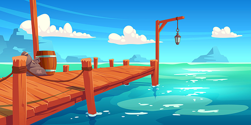 Wooden pier on river, lake or sea landscape, wharf with ropes, lantern, wood barrel and sacks on picturesque background with blue water, clouds in sky and mountains view. Cartoon vector illustration
