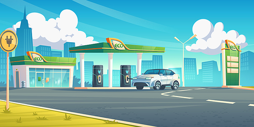 Electric car recharge station, ev refueling service in city of future, hybrid vehicle at battery charger on cityscape background, eco energy fuel selling for urban auto, Cartoon vector illustration