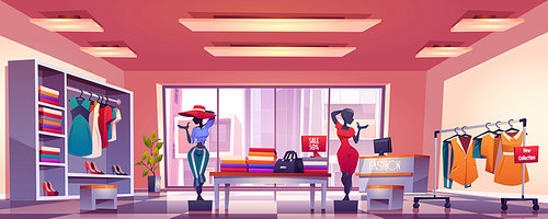 Fashion store interior with counter, mannequins, hangers and showcase with dresses and shoes. Vector cartoon illustration of boutique inside, clothes shop with discount