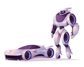 Robot transformer in form of android and car isolated on white . Vector cartoon illustration of futuristic cyborg, mechanical soldier, cyborg character