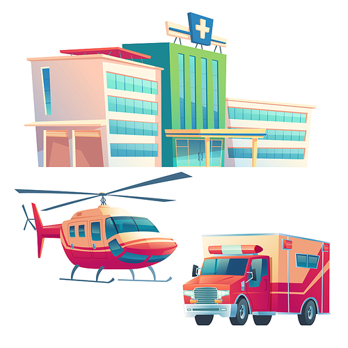 Hospital building, ambulance car and helicopter isolated on white . Vector cartoon illustration of medical clinic, urgent first aid service, emergency rescue and ambulatory service