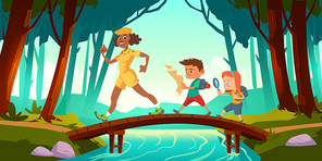 Hikers walk over bridge crossing river in forest. Vector cartoon illustration with scouts kids with map and backpacks and woman teacher in wood with trees and brook. Children hike, adventure
