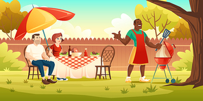 BBQ party. People at table on backyard and black man cooks meat on grill. Vector cartoon illustration of picnic with barbecue on summer lawn in park or garden