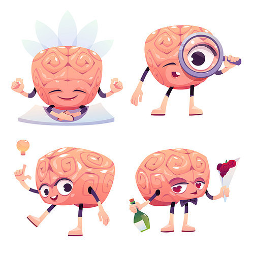 Brain characters, cute cartoon mascot with funny face meditating in lotus pose, have creative idea, dating and look in magnifying glass. Relaxed, happy, curious emotions. isolated vector icons set