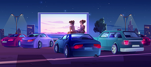 Outdoor cinema, drive-in movie theater with cars on open air parking. Vector cartoon illustration of summer night city with girls sitting on automobile roof and watching film on big screen