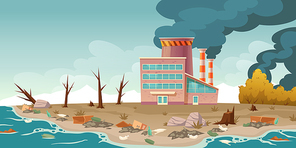 Ecology pollution, factory pipes emitting smoke and make dirty air, rubbish floating in polluted ocean, lie on sea beach. Forest cutting, deforestation ecological problem, Cartoon vector illustration