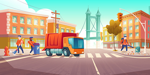 Street cleaning with garbage truck and sweeper characters in city. Workers sorting trash, sweep and remove leaves. Cleaner car vehicle move on road, urban sanitary service, Cartoon vector illustration