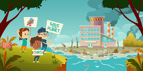 Eco protest, kids with save planet banners strike against ecology pollution at factory with smoking pipes, rubbish floating in polluted ocean, lie on beach, deforestation. Cartoon vector illustration