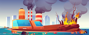 Environment disaster, air and ocean pollution, deforestation. Vector cartoon illustration with black smoke from factory, dirty sea shore polluted by waste and forest fire. Eco problems concept