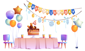 Kids birthday party decoration, festive cake with four years old candle on table with plates and glasses, chairs, balloons bunches and garlands isolated on white background Cartoon vector illustration