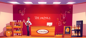 Sommelier in wine shop holding wineglass in hand. Seller examine beverage in store interior with alcohol drink bottles stand on wooden shelves, counter desk and billboard. Cartoon vector illustration