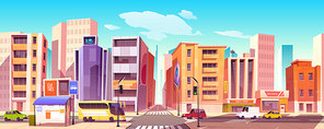 City street with houses, road with pedestrian crosswalk, cars and bus stop. Vector cartoon background with cityscape, urban landscape with residential buildings, office and shops