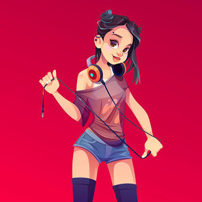 Girl dj playing music on party, disco or nightclub. Young woman in shorts with piercing on face. Vector cartoon illustration of cute female character, teenage girl with headphones