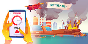 PM2.5 air pollution smartphone application. PM 2.5 dust detector. Vector cartoon illustration of hands in gloves holding phone on background of factory, dirty sea shore and forest fire