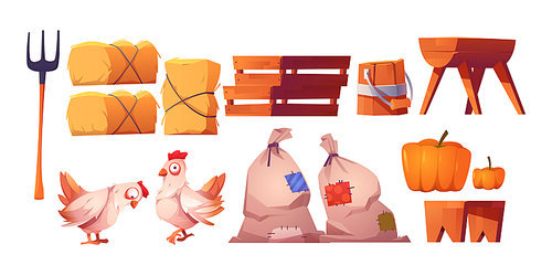 Chickens, straw, bags with harvest and fork isolated on white . Vector cartoon set of farm icons with hay stacks, wooden boxes, trough and bench, hen and pumpkin
