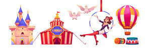 Circus stuff and artist big top tent, aerial gymnast girl sit on hoop, castle building, air balloon and white doves, amusement park decoration isolated on white background, cartoon vector illustration
